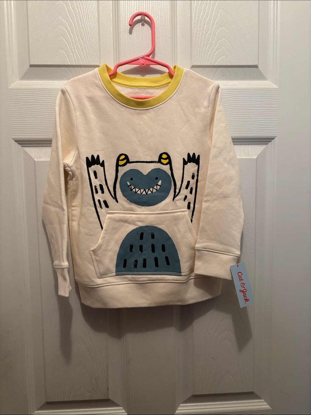 Cat & Jack Cream Sweatshirt with Blue Monster Graphic and Yellow Trim